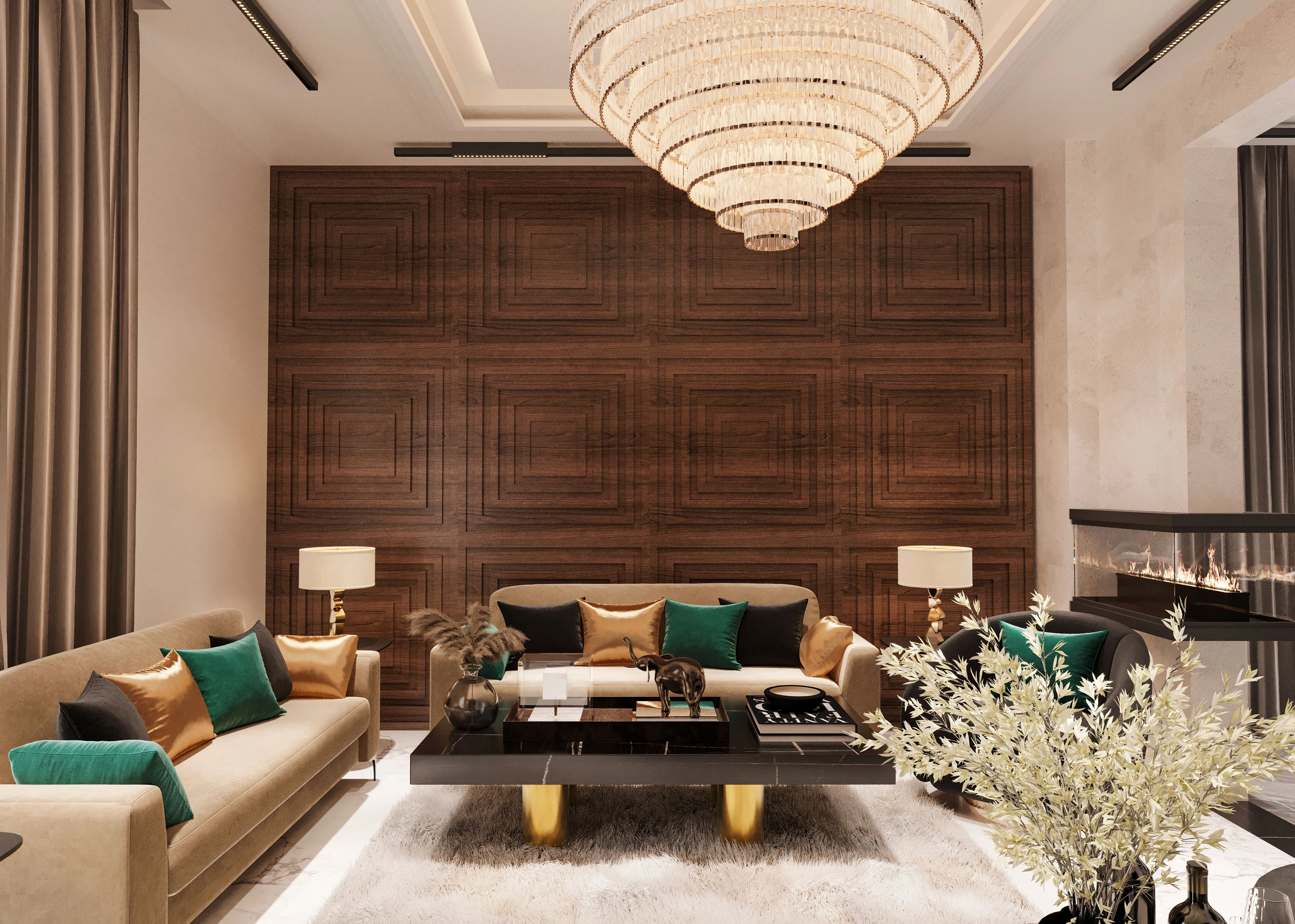Deep-toned geometric accent wall in a contemporary living room